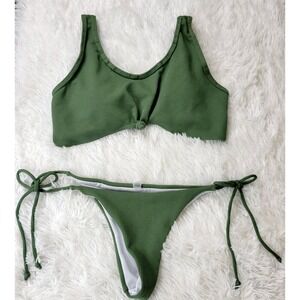 Olive Green Ribbed Knot Front Bikini Set Two Piece Swimsuit Large